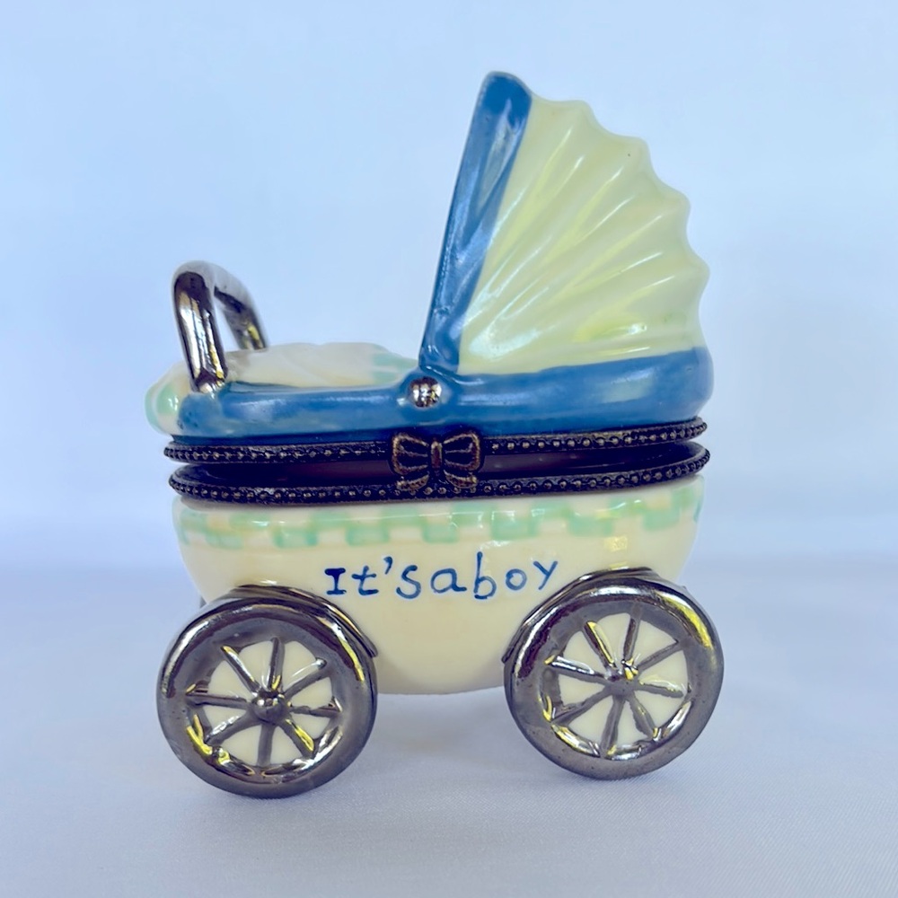 Adorable IT’S A BOY Porcelain Hand Painted Blue Cream Baby Carriage Trinket Box